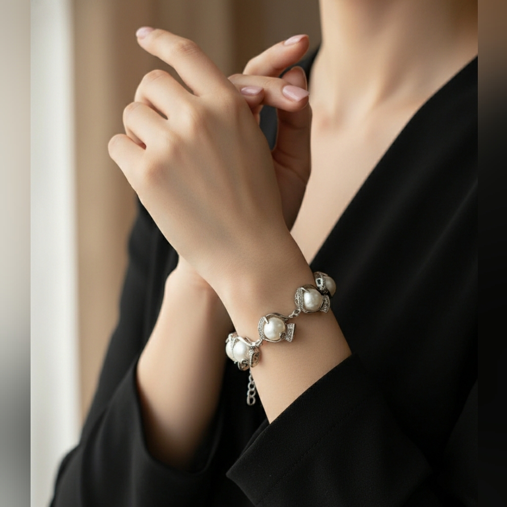 Elegant Silver Plated With Real Pearls Bracelet